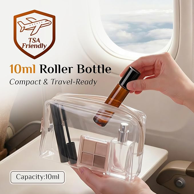 PrettyCare Set of 120, Bulk 10 ml Essential Oil Roller Bottles with Stainless Steel Roller Ball - Refillable Leak-proof Empty Thick Amber Glass Roll on Bottles with Black Caps for Travel, Perfume