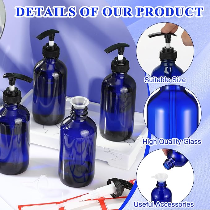 Tanlade 24 Pcs 8 oz Glass Pump Bottle Empty Bottle Glass Soap Dispenser with Pump Refillable Containers and Labels Funnels for Essential Oils Cleaning Products Lotions Conditioner(Blue)