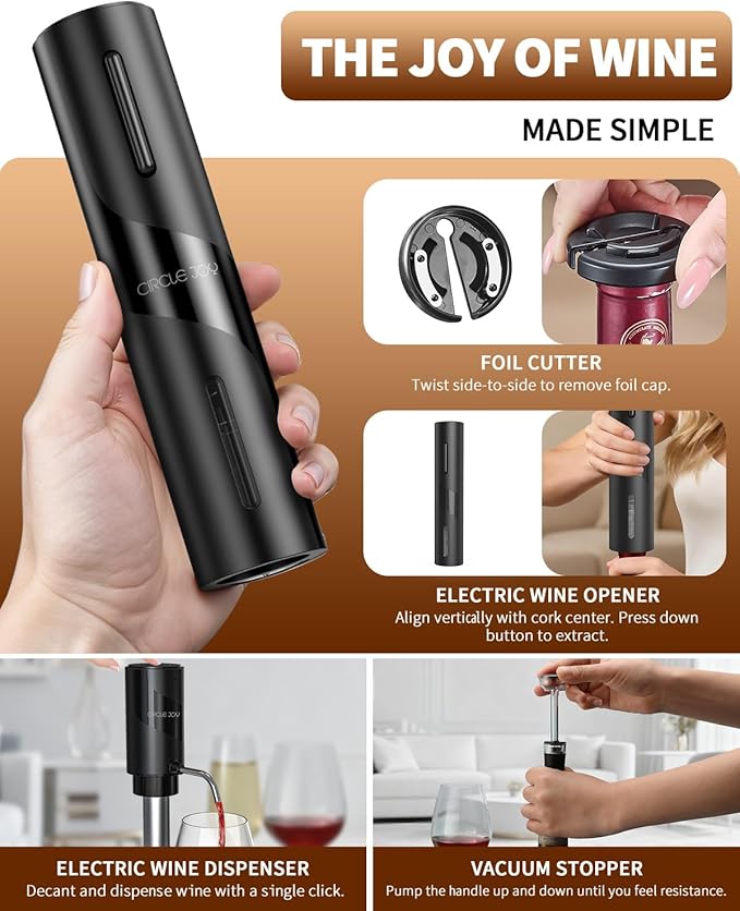 CIRCLE JOY 5-in-1 Electric Wine Bottle Opener Set, Rechargeable Wine Opener Kit, Cordless Wine Gift Set with Foil Cutter, Electric Aerator & Pourer and Vacuum Stopper for Wine Lovers, Black