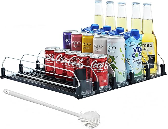 Drink Organizer For Fridge Large Capacity 5 Row Soda Can Organizer, Automatic Pusher Glide with Removable Dividers For Drink Organizer, Can Holders For Fridge, Space-Saving Can Dispenser For Kitchen