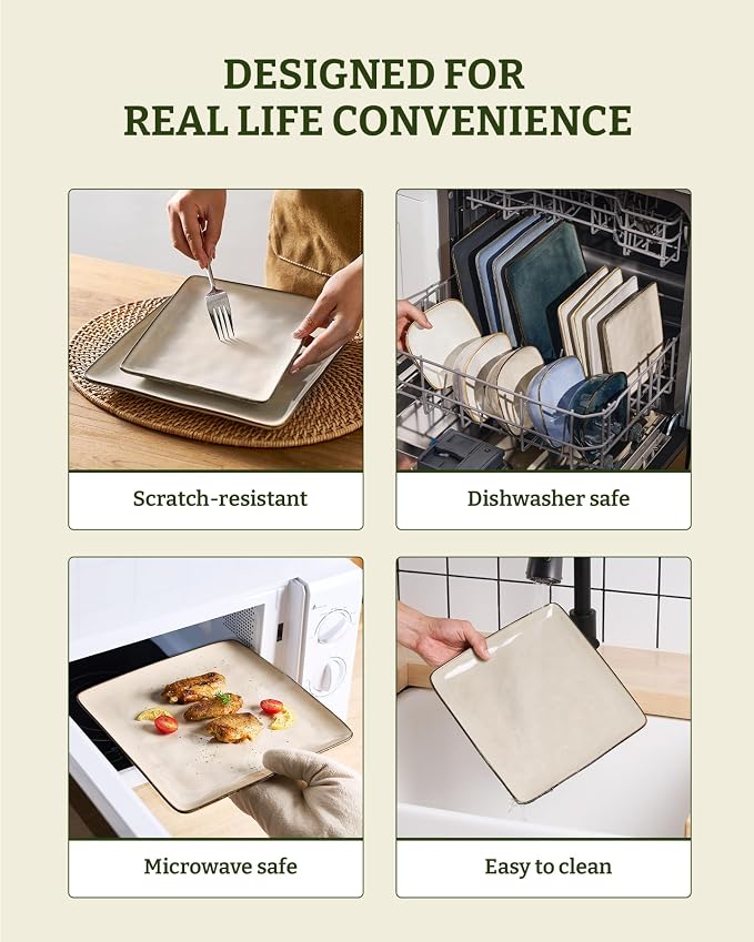 Famiware Stoneware Dinnerware Sets for 4, Ocean Square 12-Piece Kitchen Plates and Bowls Sets, Microwave and Dishwasher Safe, Scratch Resistant, Light khaki
