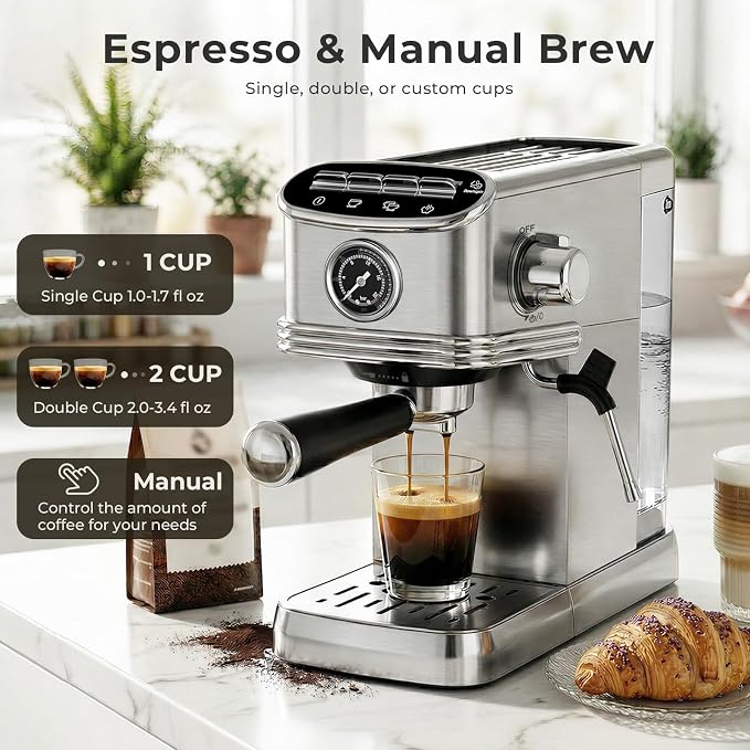 Kismile Espresso Machine with Milk Frother, 20 Bar Compact Espresso Maker with 45 OZ Removable Tank, Stainless Steel Coffee Machine for Home, Office, Latte, Cappuccino Silver