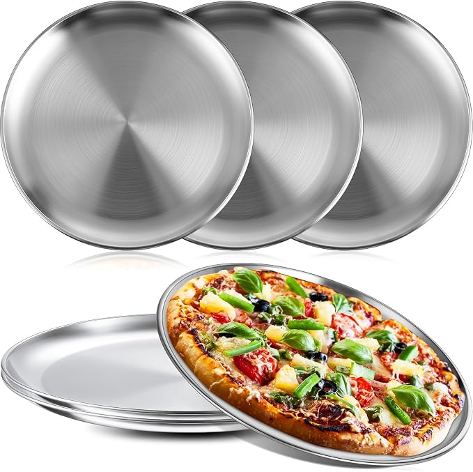 Thenshop 6 Pieces 8 Inch Pizza Pans Bulk Stainless Steel Sets Round Bakeware Pizza Trays for Oven Kitchen Baking Home Restaurant Safe Sturdy Reusable Easy Clean (Silver)