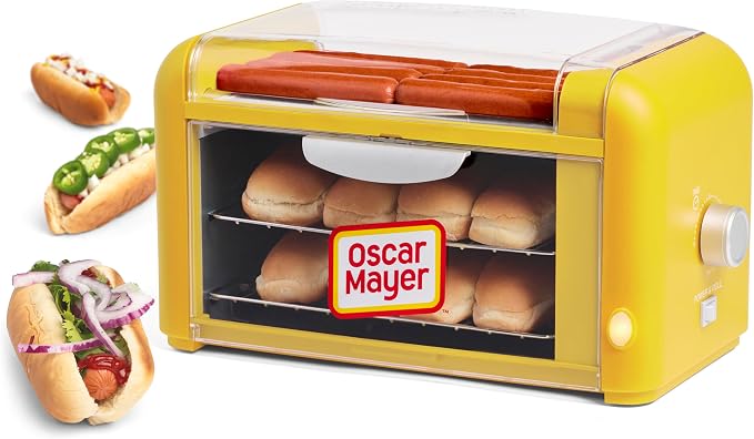 Nostalgia Oscar Mayer Extra Large 8 Hot Dog Roller & Bun Toaster Oven - Stainless Steel Grill Rollers for Veggie Sausages & Brats - Multi-Use Warming Oven with Adjustable Timer for Parties - Yellow