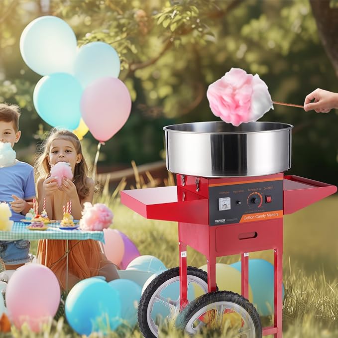 VEVOR Electric Cotton Candy Machine Cart, 1000W Commercial Floss Maker w/Stainless Steel Bowl, Sugar Scoop and Drawer, Perfect for Home, Carnival, Kids Birthday, Family Party, Red