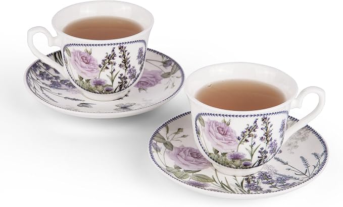 STP GOODS Bone China Tea/Coffee Cup and Saucer in Gift Box Fine Bone China Coffee Cup with Saucer Tea Cup and Saucer Set of One (Lavanda)