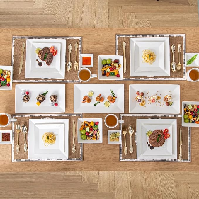 Porlien Off-White Porcelain Dinnerware Set (24 Piece Dinnerware Set), Square Dishes Set for 6 Person, Chip Resistant Dinnerware Set, Square Plates and Bowls Sets, Durable Everyday Dishes