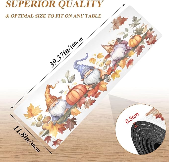 Thanksgiving Gnomes Pumpkins Autumn Leaves Trivet Table Runner 40 Inches Long Trivet for Hot Pots and Pans/Hot Dishes,Table Protector Heat Up to 230F, Decorative Hot Plates Mat for Kitchen Countertop