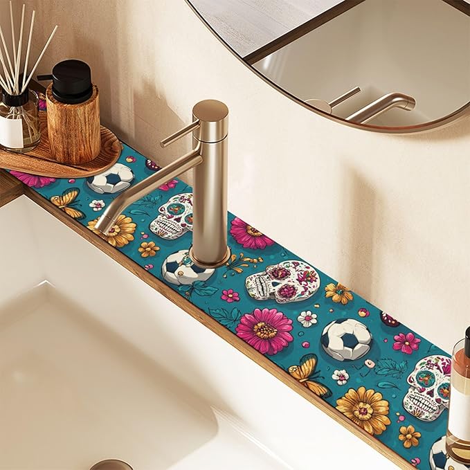 Kitchen Sink Splash Guard 1 PC 14.7 Inch Sink Faucet Mat Splash Guard for Bathroom Countertop Water Absorbent Foldable Cuttable Soft Washable Mexican Flag Flower Soccer