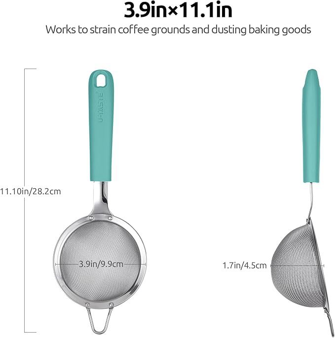U-Taste 10 Piece Measuring Cups and Spoons Set in 18/8 Stainless Steel (Multicolors), and 18/8 Stainless Steel 3.9 inch 30 Mesh Strainer (Aqua Sky)