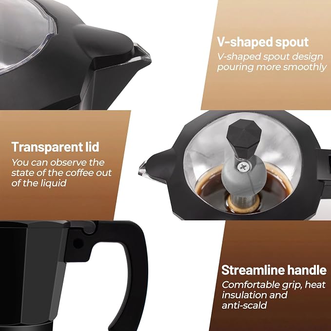 Electric Aluminum Moka Pot 3-6 Cup 150-270ml Espresso Maker with Detachable Base Ideal Coffee Makers for Home MochaPot Italian and Cuban Café Coffeemaker Espressomaker CoffeePot Black