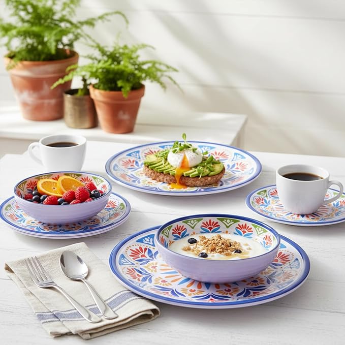 Dinnerware Set 12Pcs Melamine Plates and Bowls (Blue Flower) | Wedding Gift,Parties,Home,Service,Durable,Floral Pattern,Tableware Dinner, Salad Dessert Plates,Housewarming