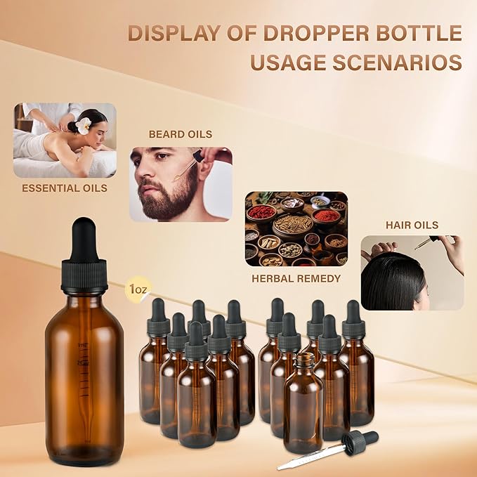 NOOEEISS 12 Pcs, 2oz Dropper Bottle, Amber Glass Eye Dropper Bottle, Tincture Bottles with Dropper, Leak-Proof Design, Stronger Suction, for All Kinds of Mixed Liquids