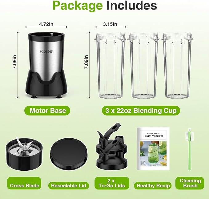 KOIOS Blender for Smoothies, Personal Blender for Shakes and Smoothies with 3 * 22oz To-Go Cups, 22000 RPM Smoothie Maker, Detachable Blade Portable Blenders for kitchen, Black