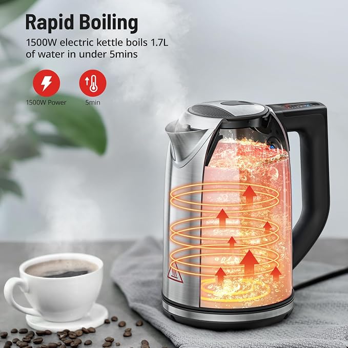 Electric Tea Kettle, 6 Precise Temperature Presets 1.7L Stainless Steel Electric Kettle Temperature Control,1500W Fast Boiling Hot Water for Oolong & Green Tea with Strix Control
