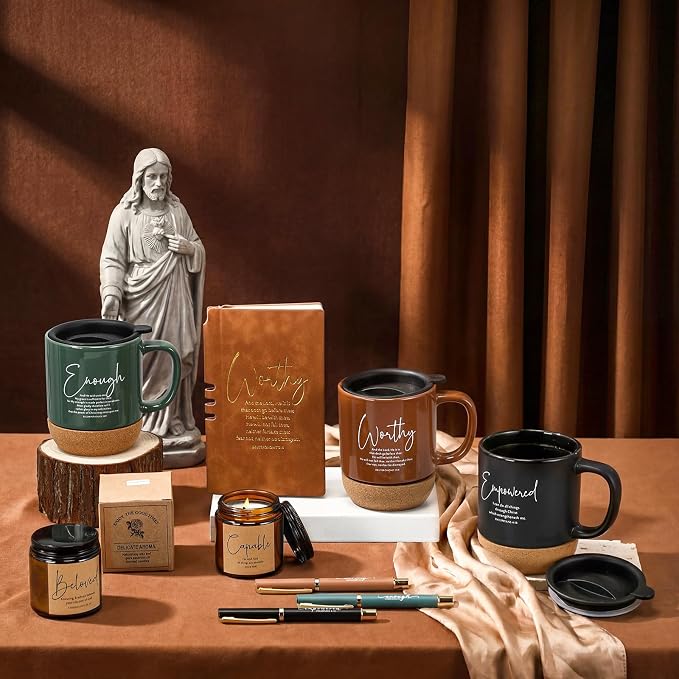 FillTouch 6 Set Christian Gifts for Women Men 15 oz Ceramic Bible Verses Coffee Mug A6 Leather Journal with Pen and Scented Candle Religious Gift for Pastor Church Sunday School(Classic Color)