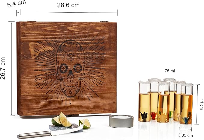 Tequila Gift Box Shot Glass & Salt Gift Set for Men & Women | Six Agave Shot Glasses, Knife For Limes, One Skull Coaster, One Salt Tin | Skeleton Sugar Skull Wooden Box Wood Package For Tequila Lovers