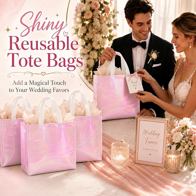 Eccliy Reusable Gift Bags Set Glossy Grocery Gift Tote Bag with Handle for Wedding, Bridal Shower, 4th of July, Summer Event(12 x 11 x 4.7 I Inch,Holographic Pink,60 Pcs)