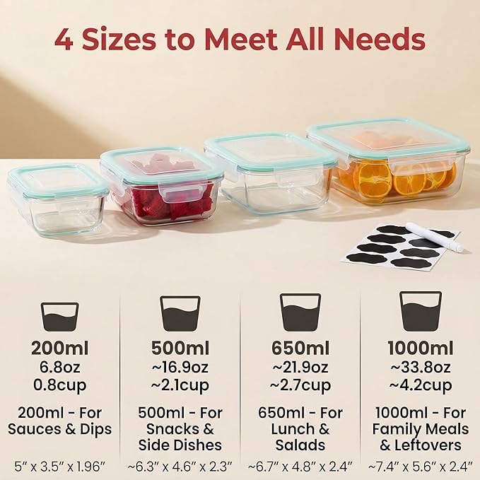 Glass Food Storage Containers, 4 Pack, Airtight Meal Prep Bento Boxes with Leakproof Locking Lids, BPA Free, Microwave, Oven, Freezer and Dishwasher Safe