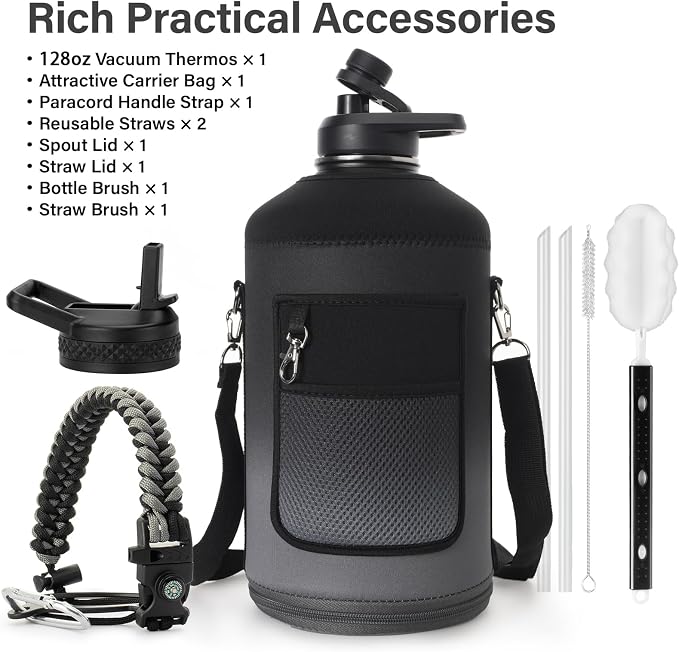 DYSANKY 1 Gallon Water Bottle Insulated | Thickened Stainless Steel Vacuum Metal Water Jug | Portable Sports Large for Gym and Hiking with Straw, Carrier Bag, Handle Strap | BPA-Free 128 oz