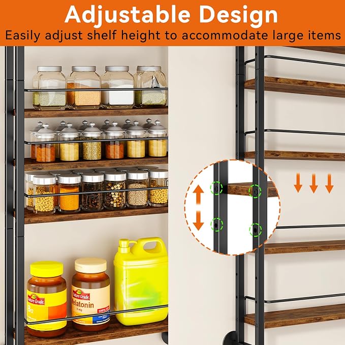 IBUYKE 6 Tier Over The Door Pantry Organizer,Wall Mounted Spice Rack,Door Hanging or Wall,Adjustable Hanging Storage Shelves,Spice Organization for Kitchen cabinet,Bathroom,Closet,Brown UTLJ028H