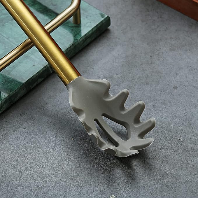 Gold Spaghetti Spoon, Berglander Non-stick Silicone Pasta Server With Titanium Gold Plating Handle, Spaghetti Server For Cooking, Pasta Fork, Noddle Fork, Dishwasher Safe, Easy to Clean
