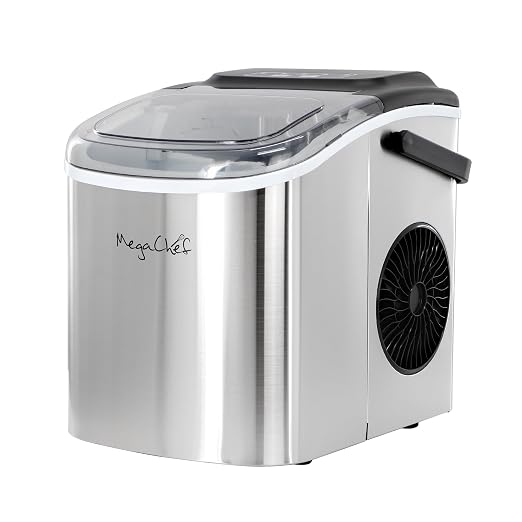 MegaChef 26 Pound Countertop Bullet Ice Maker, Basket and Scooper, Countertop Ice Machine, Easy-Carry Portable Ice (Silver)