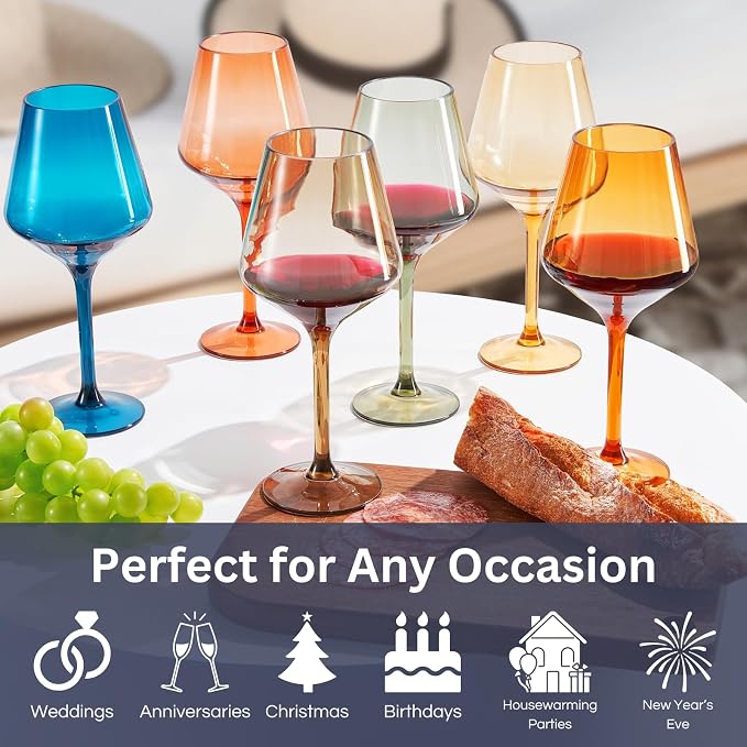 European Style Plastic Crystal Unbreakable Stemmed Wine Glasses | Set of 12 | Acrylic Tritan Pastel Color Shatterproof BPA-Free, Outdoor, Pool, Indoor, Hand Wash 17oz Gift, Everyday & Holiday