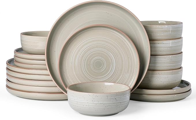 Famiware Meteor Plates and Bowls Sets, 18-Piece Stoneware Dinnerware Sets, Dishes Set for 6, Microwave and Dishwasher Safe Tableware, Matcha Green