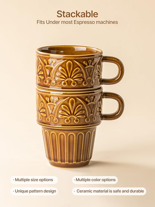 Ceramic Coffee Mug, Stackable Mug 3.3 OZ Coffee Mugs, Espresso Cups, Mugs Set of 6 for Latte Milk Hot Chocolate, for Men Women Kids, Ideal for Home Restaurant Daily Use & Holiday Gifting, Brown