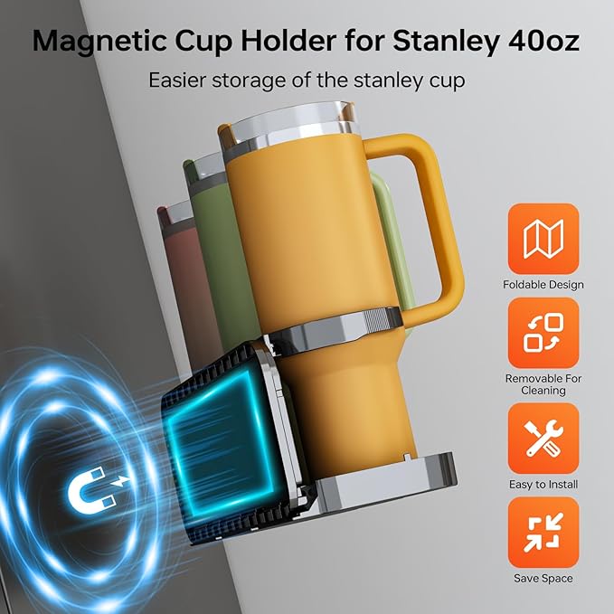 Magnetic Stanley Cup Holder for Fridge, Water Bottle Organizer & Tumbler Rack with Foldable Design for Kitchen, Stanley Cup 40 oz Accessories, Ideal Gifts 2PCS (Black)