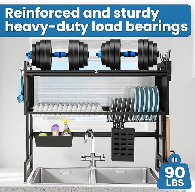 Over the Sink Dish Drying Rack 3 Tier with Cover.Space-Saving Dish Drainer Organizer for Dishes, Glasses, Bowls & Cutlery.Tidy Kitchen Counter Storage Solution