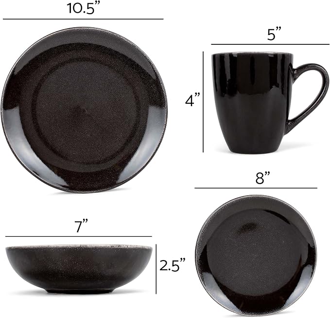 Elanze Designs Reactive Glaze Stone Ceramic Plates Bowls Mugs Classic Dinnerware 16 Piece Set - Service for 4, Black