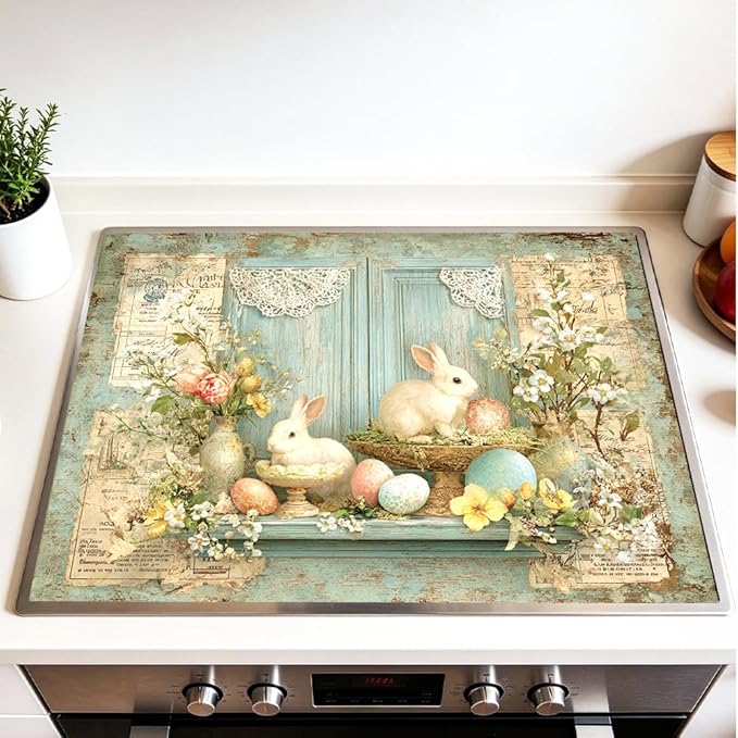 Stove Top Cover for Electric Stove 28.4 x 20.5 Inch Non Slip Stove Mat Oil Proof Bunny Window Glass Cooktop Protector Kitchen Counter Mat