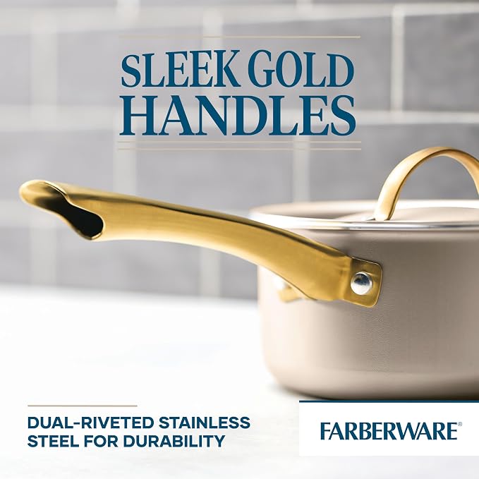 Farberware Radiant Nonstick Cookware/Pots and Pan Set with Lids and Prestige Kitchen Cooking Tools, Dishwasher Safe, 12 Piece, Champagne
