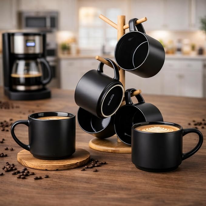 GBhome 14 OZ Coffee Mugs Set of 6, Stackable Ceramic Mugs for Men, Women, Modern Coffee Cups With Stable Base for Latte, Tea, Cappuccino. Dishwasher & Microwave Safe, Matte Black