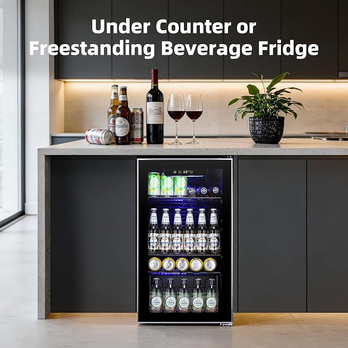 Antarctic Star Mini Fridge -130 Can Beverage Refrigerator CoolerGlass Door for Soda Beer or Wine Constant Glass Door Small Drink Dispenser for Home, Office Bar 3.2cu.ft