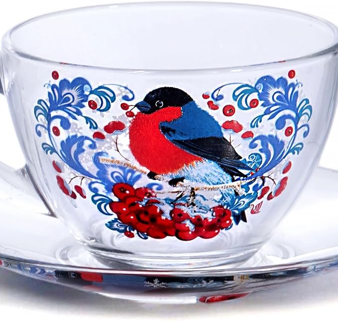 Bullfinches Glass Tea Cup and Saucer Set of 2 Glass Teacups 6.8 fl oz (200 ml) Cup with Matching Saucers for Two, Christmas Dinnerware, Tea Coffee Set for 2, Coffee Cups, Dishwasher and Microwave safe