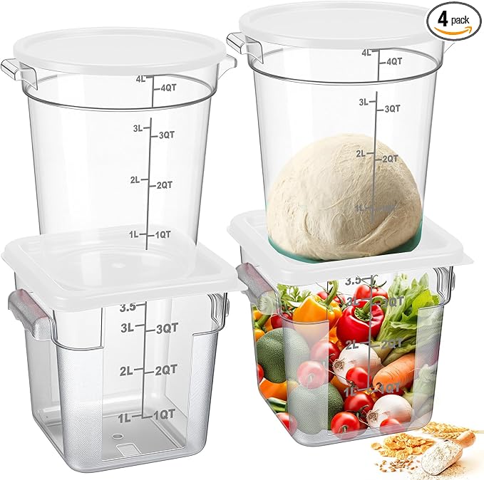 Blushtier 4 Pcs Food Storage Container with Lids Set 4 Qt Square and Round Clear PC Commercial Containers with Scale Handle for Home Restaurant Kitchen Food Storage, Dough Rise, Flour(White)