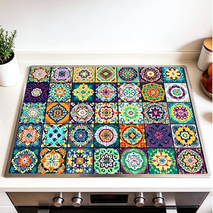 Stove Top Cover for Electric Stove 28.35 x 20.47 Inch Non Slip Stove Mat Colorful Mosaic Tile Glass Cooktop Protector Kitchen Counter Mat