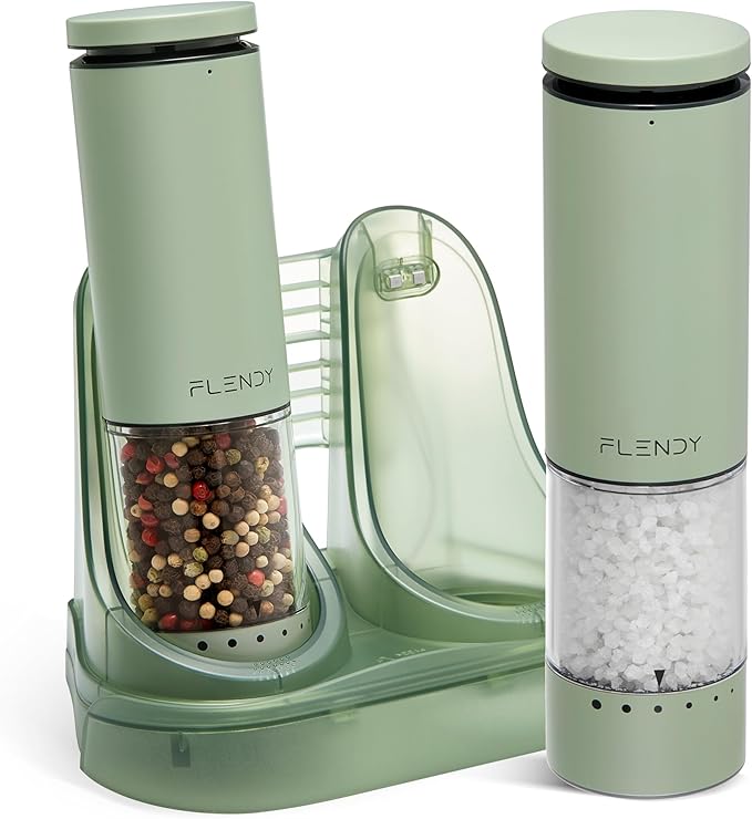Flendy Electric Salt and Pepper Grinder Set Rechargeable, Automatic Salt and Pepper Grinder Set with Oversized Top Button, Stainless Steel Electric Salt and Pepper Shakers Set