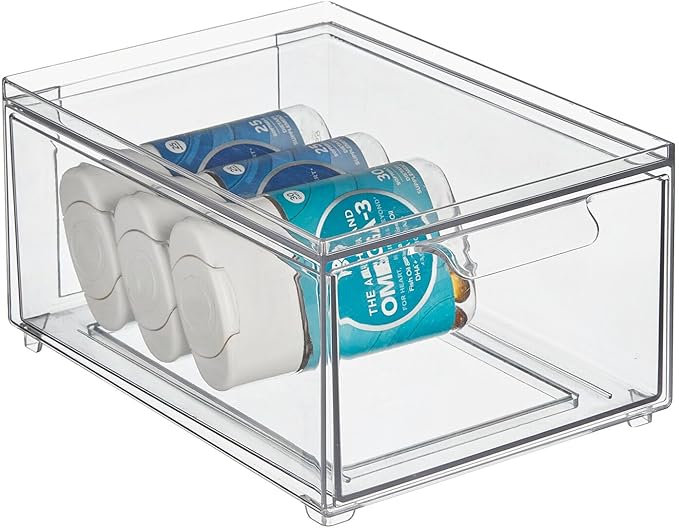 mDesign Plastic Bathroom Organizer Bin w/Pull Out Drawer - Slim Stackable Storage Container for Bathroom Accessories - Perfect for Organizing Bathroom Cabinet - Lumiere Collection - 8 Pack - Clear