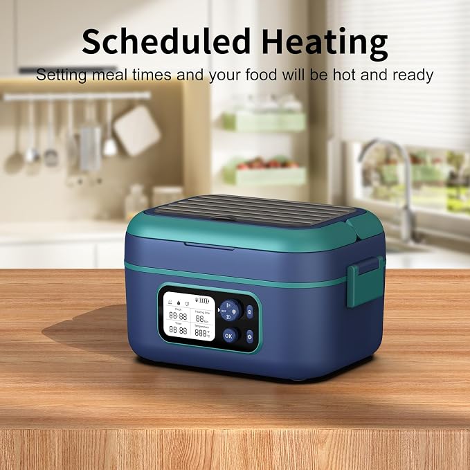 Cordless Electric Heated Lunch Box, 1.5L - 6.3 Cups 100W Rechargeable Smart Self-Heating Food Warmer with Removable Divider, Spoon, Fork, BPA Free, Portable Lunchbox for Car Travel Office Blue
