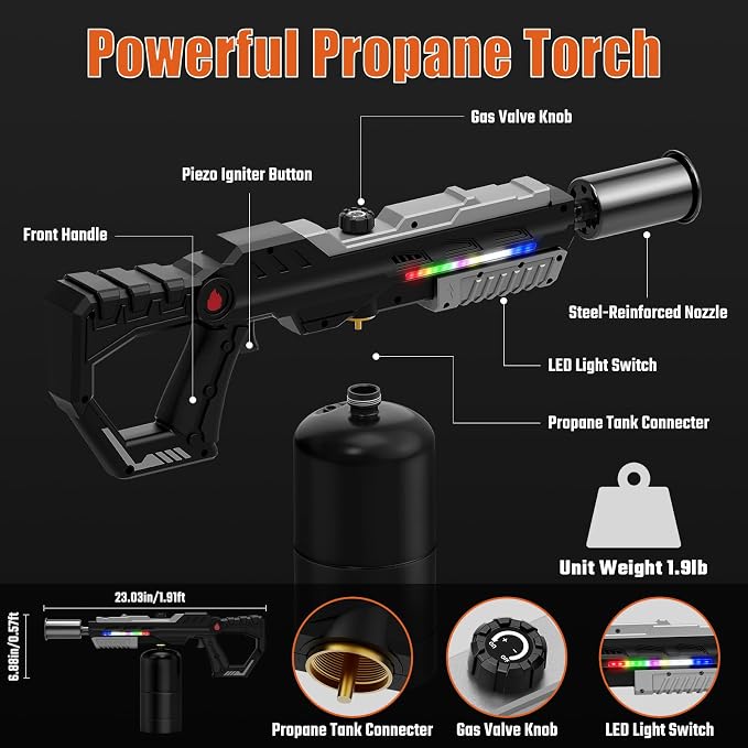 Sondiko Powerful Propane Torch Gun, Front-Mounted LED Light, Gift for Men | Adjustable Flame Thrower, Heavy-Duty Blow Torch Gun for Searing Steak, BBQ, Sous Vide, Camping, Charcoal Starter