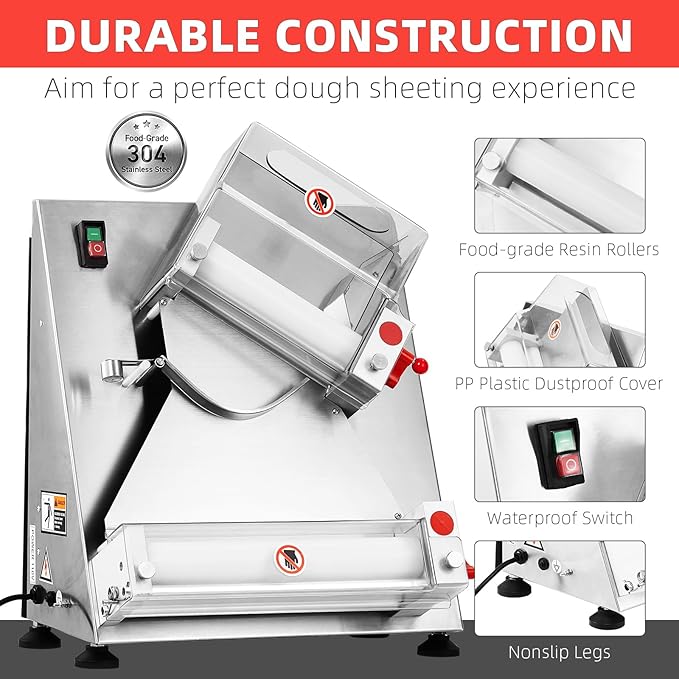 Commercial Pizza Dough Roller Sheeter, Max 12", Towallmark Automatic 370W Electric Pizza Dough Roller, Stainless Steel, Suitable for Noodle, Pizza Bread and Pasta Maker Equipment