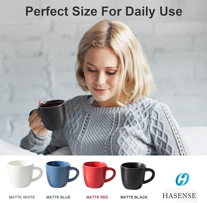 HASENSE 7OZ Espresso Cups,Ceramic Cappuccino Cups Set of 4 with Handle, Demitasse Cups Set for Double shot, Latte, Americano, Cafe Mocha and Tea, Espresso Cups for Home and Office, Black