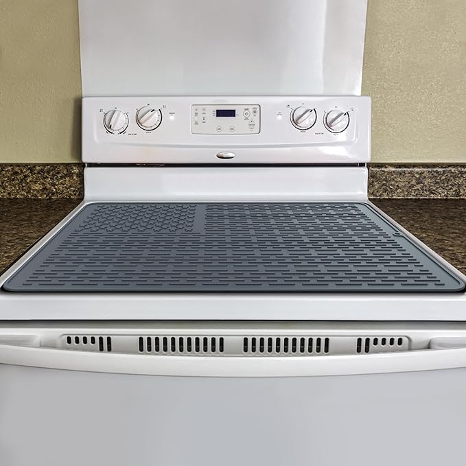 AWINNER Silicone Electric Stove Cover Mat,Ceramic Stove Heat Resistant Glass Cooktop Flat RV Range Stovetop top Protector,XL Dish Drying Mats for Kitchen Stars Stripes Design (Silicone Gray, 28"x20")