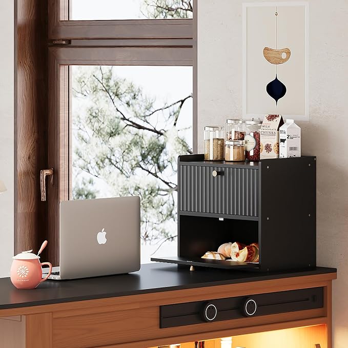 Trironsun Rustic Bread Box for Kitchen Countertop Bamboo Bread Storage Container Bin Double Layer BreadBox Farmhouse Large Capacity Food Organizer Black