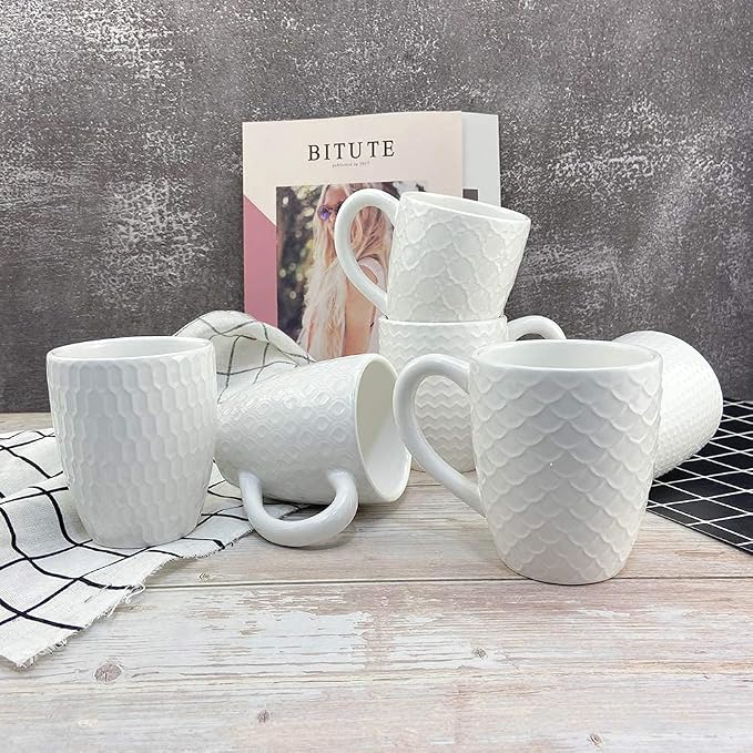 Schliersee 12 OZ White Ceramic Coffee Mugs Set of 6, Stylish Embossed Coffee Cups Set for Coffee, Tea, Milk, Cocoa, Cereal