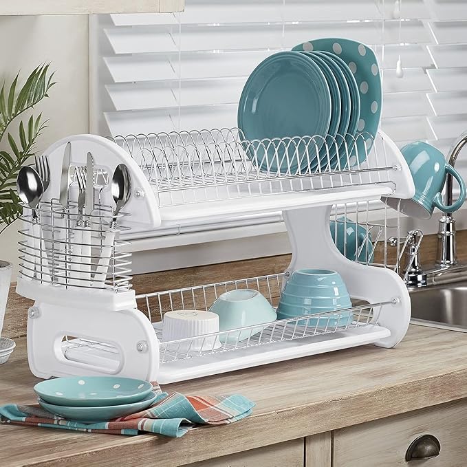 Montgomery Ward Retro 2-Tier Dish Rack, Space-Saving Design, Durable Plastic and Chrome-Plated Wire, Easy Assembly (White)
